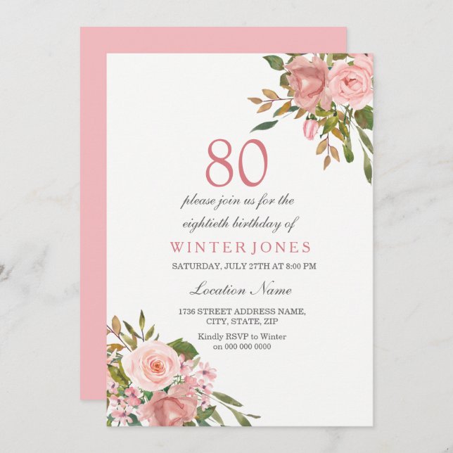 Rose Rose Gold Flowers 80e anniversaire Invitation (Devant / Derrière)