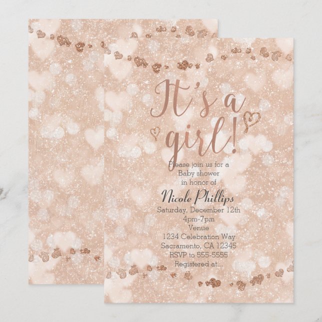 Rose Rose Gold Hearts Girl Baby Shower Invitations (Devant / Derrière)