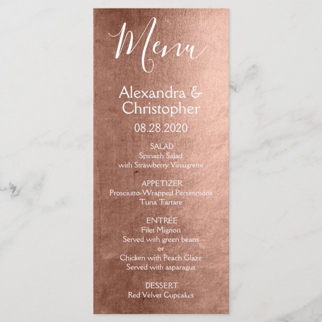 Rose Rose Gold Moderne et élégant Menu de mariage (Devant)