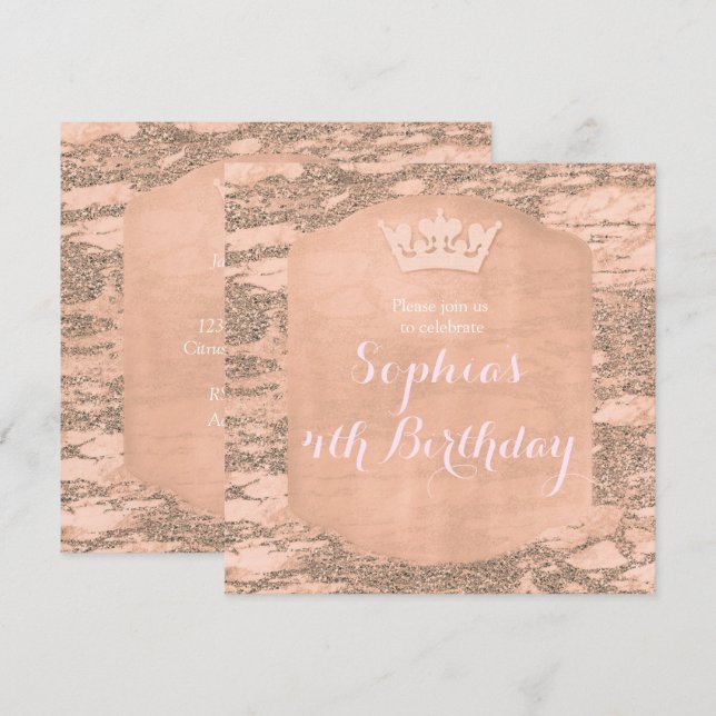 Rose Rose Gold Princess Crown Party Invitation (Devant / Derrière)