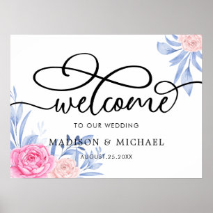 Rose rose nuageux bleu Feuille Mariage Affiche de