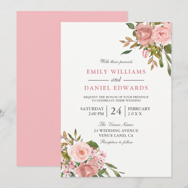 Rose Rose Or Fleurs Invitation de mariage élégant (Devant / Derrière)