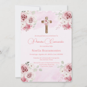 Rose rose première communion invitation en espagno