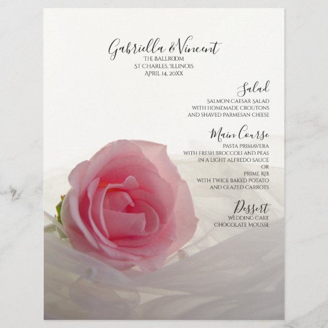 Rose rose sur le menu Mariage blanc (Devant)