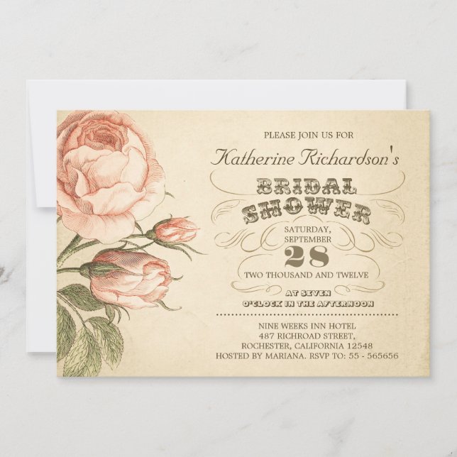 rose rose vintage typographie nuptiale invitation (Devant)