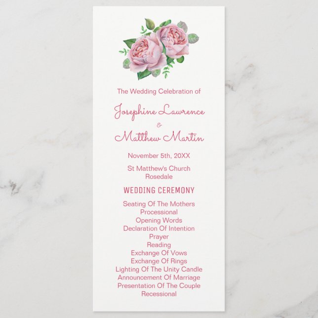 Rose Roses Aquarelle Programmes de mariage (Devant)