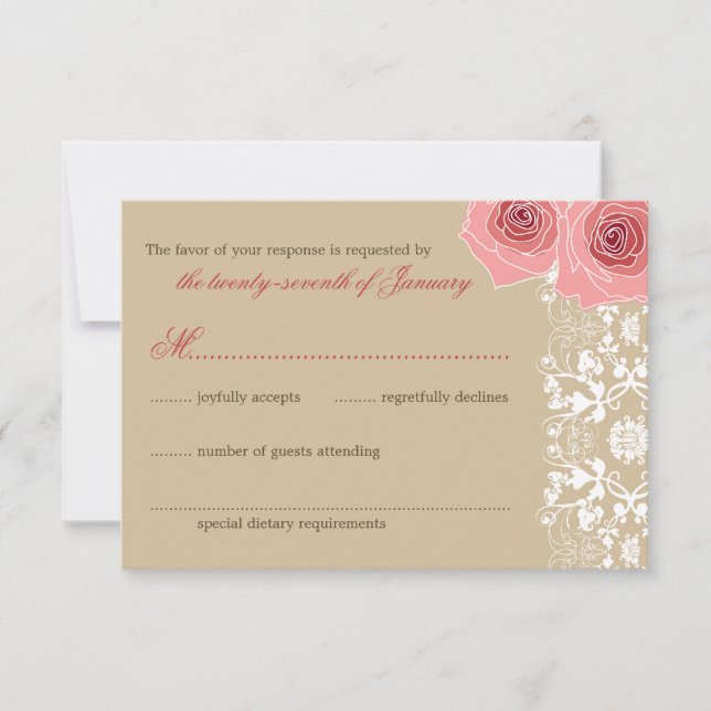 Rose Roses Damask Lace Mariage élégant Carte RSVP (Devant)