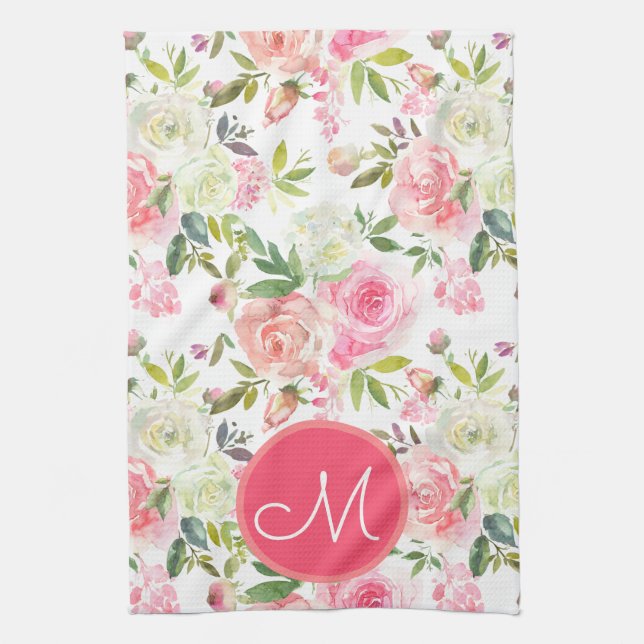 Rose Roses Floral Monogramme serviette de cuisine (Vertical)