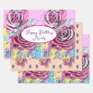 Rose Roses flower floral Watercolor Birthday Women Wrapping Paper Sheet