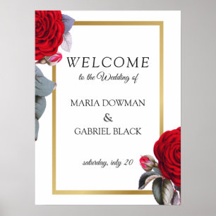 Rose rouge. Cadre or. Affiche de bienvenue de luxe