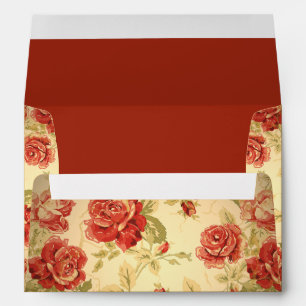 Rose rouge, crème, enveloppe fleurie d'époque brun