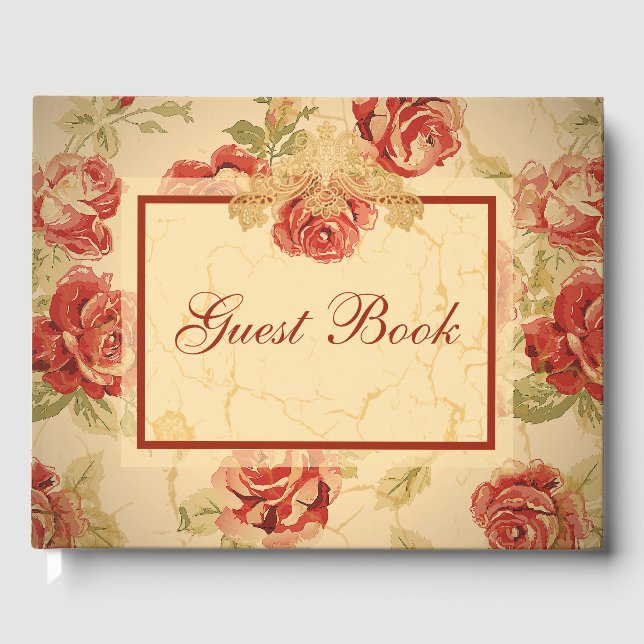 Rose rouge, crème, livre d'hôtes à fleurs d'époque (Recto)