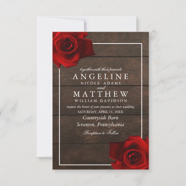 Rose rouge de Bourgogne Faire-part de mariage en b (Devant)