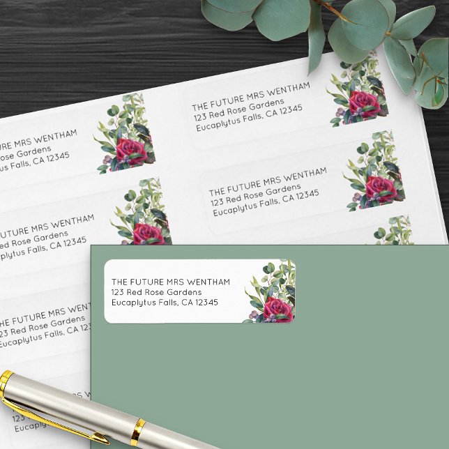 Rose rouge et Eucalyptus Simple Mariage Enveloppe (Future Mrs wedding address labels from my Red Rose and Eucalyptus Wedding Collection)