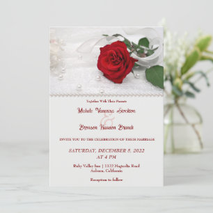 Rose rouge et Faire-part de mariage dentelle