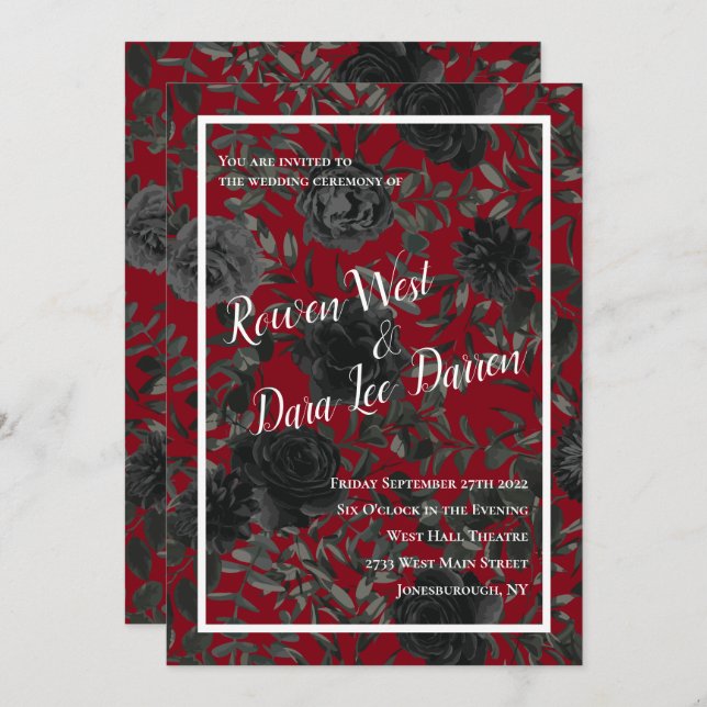 Rose rouge et noir Invitations de mariage gothique (Devant / Derrière)