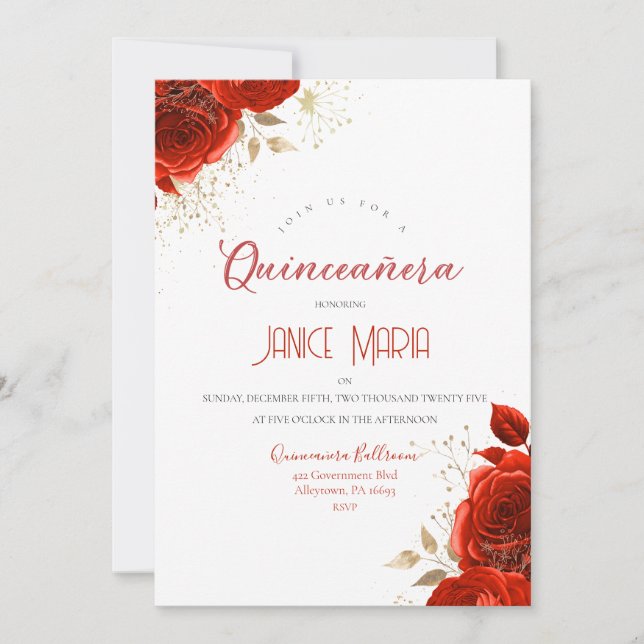 Rose Rouge et Or Quinceañera Invitation (Devant)