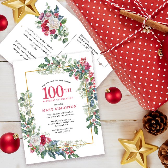 Rose rouge Floral Holly 100e Invitation (Need a matching Welcome sign? Party supplies. Message me!)