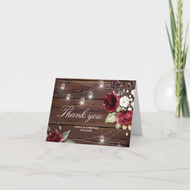 Rose rouge Mariage Bois rustique Carte de remercie (Devant)