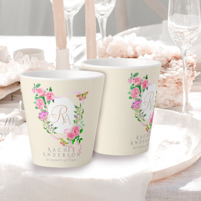 Rose Ruban Chic Monogramme Beige Latte Mug (Romantic Pink Rose Ribbon Monogram Beige Latte Mug.)