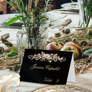 Rose Scroll & Heart Monogram - Black Place Card