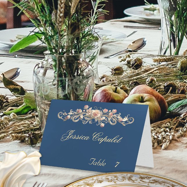 Rose Scroll & Heart Monogram - Blue Place Card (Creator Uploaded)