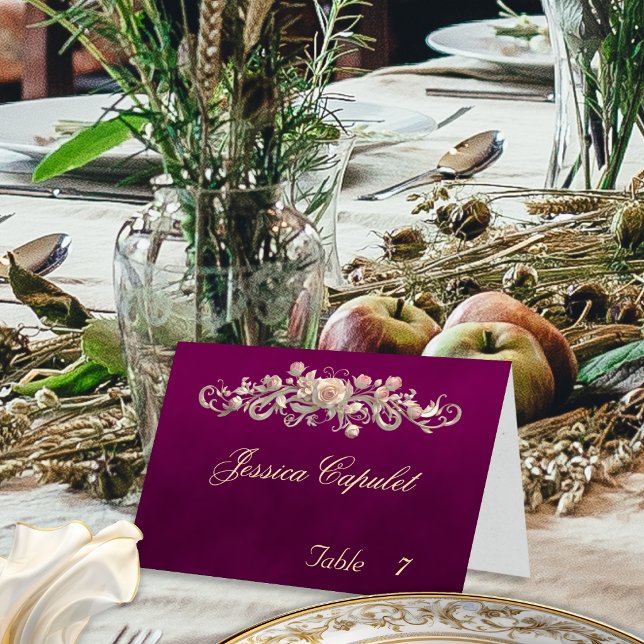 Rose Scroll & Heart Monogram - Plum Place Card (Creator Uploaded)