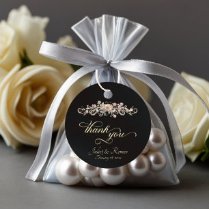 Rose Scroll & Monogram - Circle Black Favour Tags