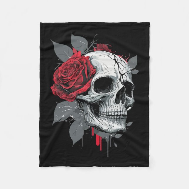 Rose Skeleton Skull Hand Red Flower Rose  Fleece Blanket (Front)