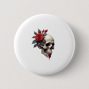 Rose Skeleton Skull Hand Red Flower Rose T-Shirt ( 2 Inch Round Button
