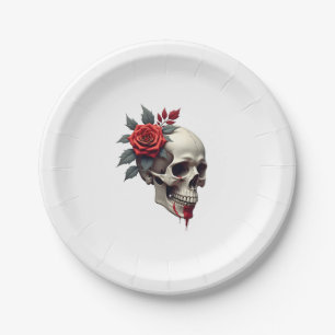 Rose Skeleton Skull Hand Red Flower Rose T-Shirt ( Paper Plate