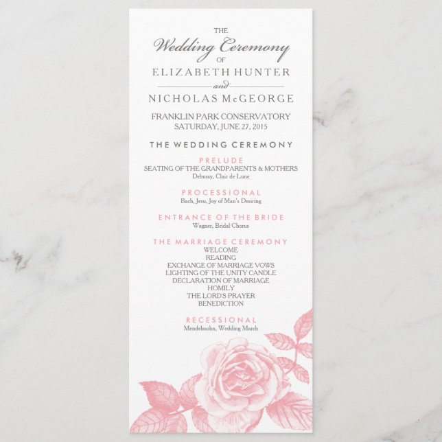 Rose Sketch Wedding Program in Pink (Front)