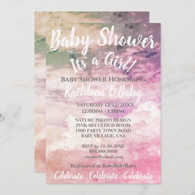 ROSE SKY CLOUDS PHOTO BÉBÉ FILLE DOUCHE INVITATION (Devant / Derrière)