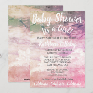 ROSE SKY CLOUDS PHOTO BÉBÉ FILLE DOUCHE INVITATION