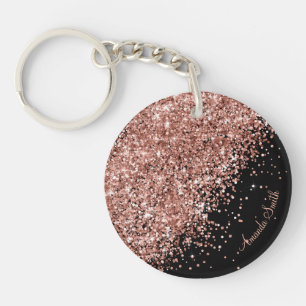 Rose Sparkle Glitter Black Text Customizable Keychain