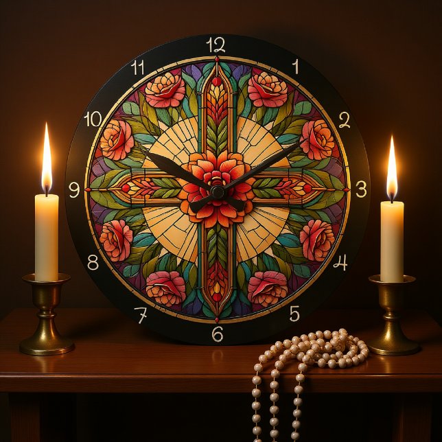 Rose Stained Glass Cross  Large Clock (Creator Uploaded)