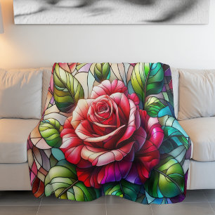 Rose Stained Glass Effect Elegant Floral Design Fleece Blanket