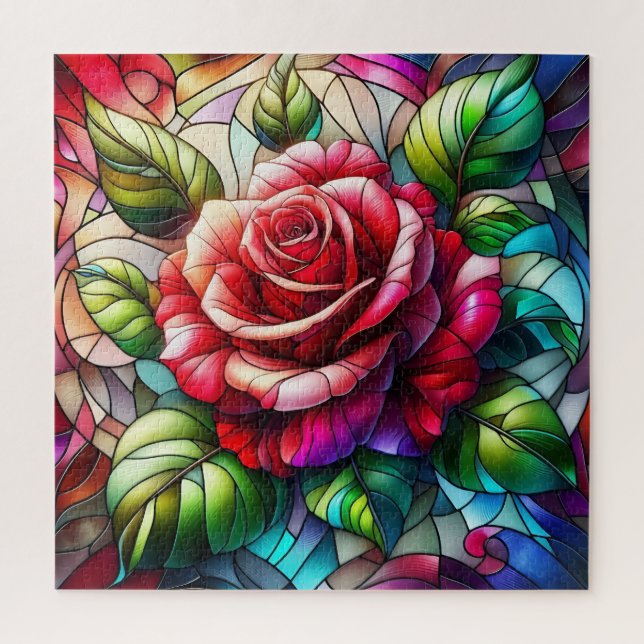 Rose Stained Glass Effect Elegant Floral Design Jigsaw Puzzle (Vertical)