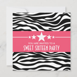 Rose Stars Zebra Print Sweet 16 Invitation