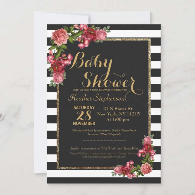 Rose stries et Gold Baby Shower Invitations (Devant)
