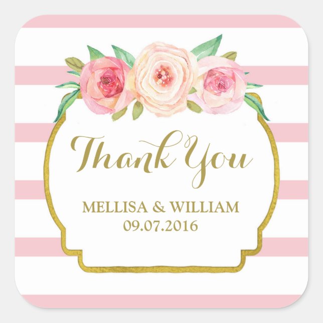 Rose Stripes Gold Pink Floral Wedding Favour Tags (Front)
