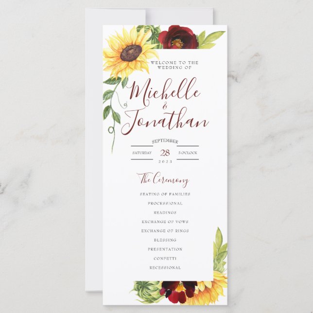 Rose Sunflower Wedding Program Tall Flat Card (Front)