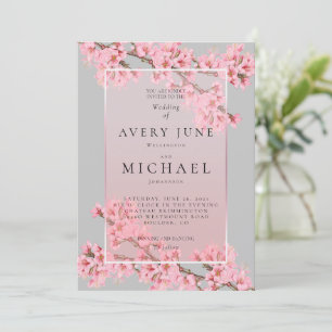 Rose sur faire-part de mariage gris cerisier