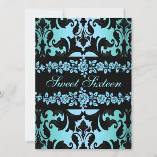 Rose Sweet16 Damask Blue Birthday Invite