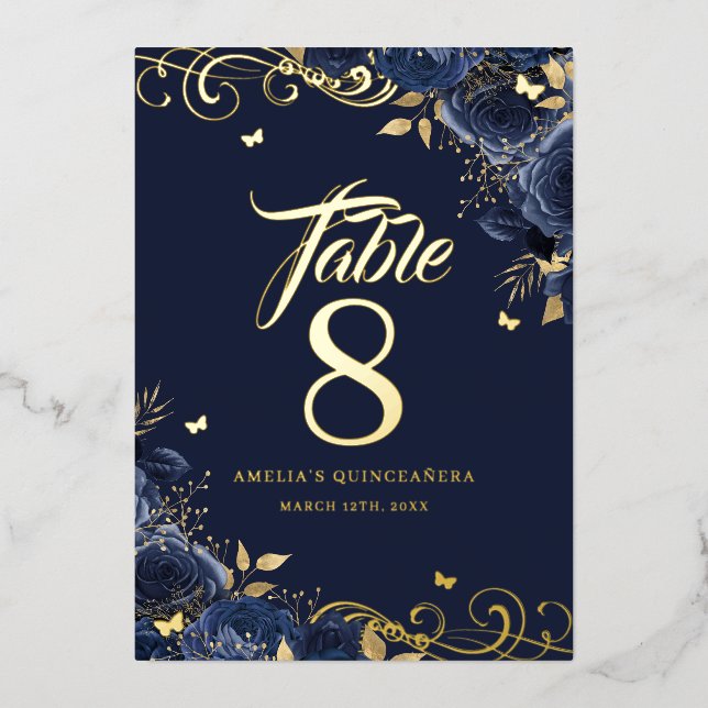 Rose Swirl Navy Quinceanera Gold Table Number  (Front)