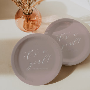 Rose Taupe "It's a Girl" Calligraphy Baby Shower Paper Plate