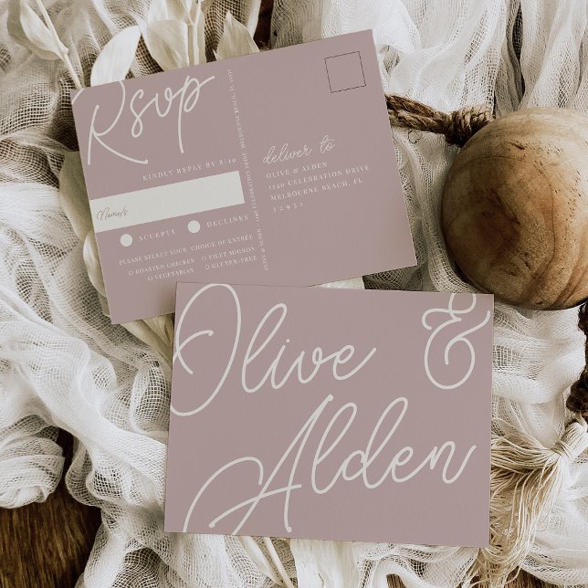 Rose Taupe | Script Watermark Meal Choice RSVP Postcard (Creator Uploaded)