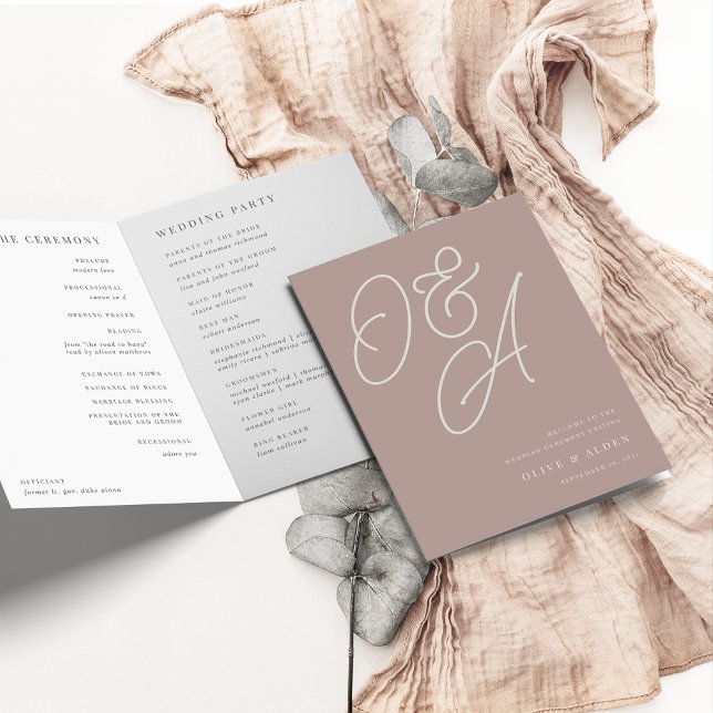 Rose Taupe | Script Watermark Monogram Wedding Program (Creator Uploaded)