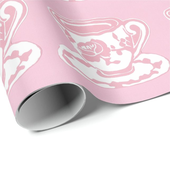 Rose Teacup Pattern Pink and White Wrapping Paper (Roll Corner)