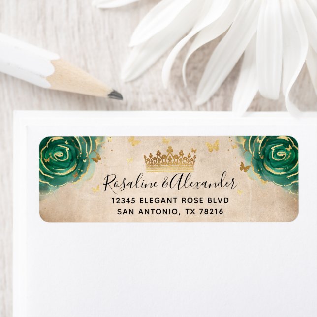Rose vert et Gold Crown Floral Adresse de retour (En situation)